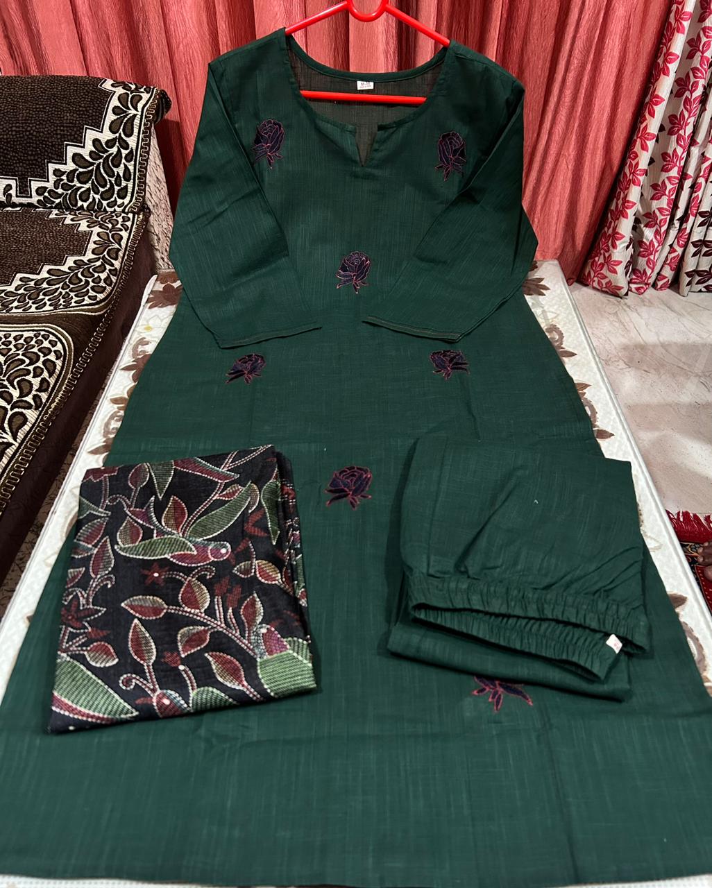 Women Khadi Silk Green Kurta Pant and Dupatta set