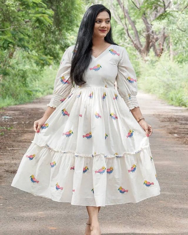 Women Cotton Bird Embroidery White Middy Gown