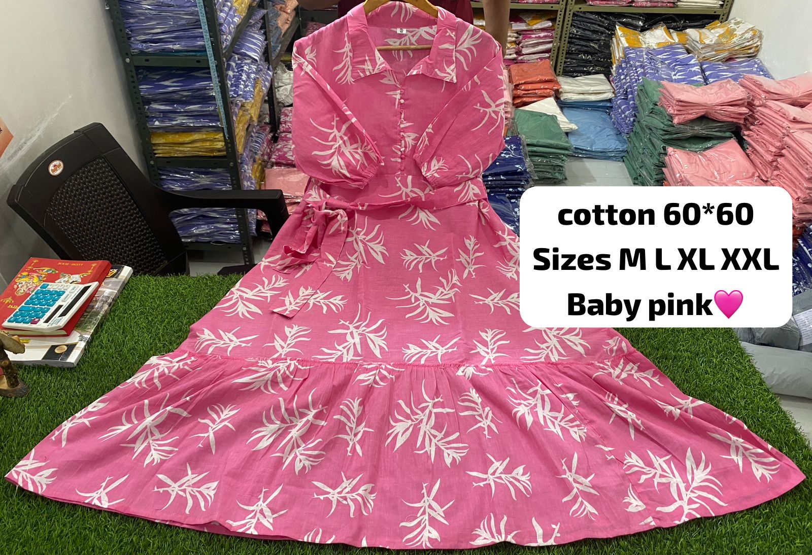 Women Cotton Baby Pink Middy Gown