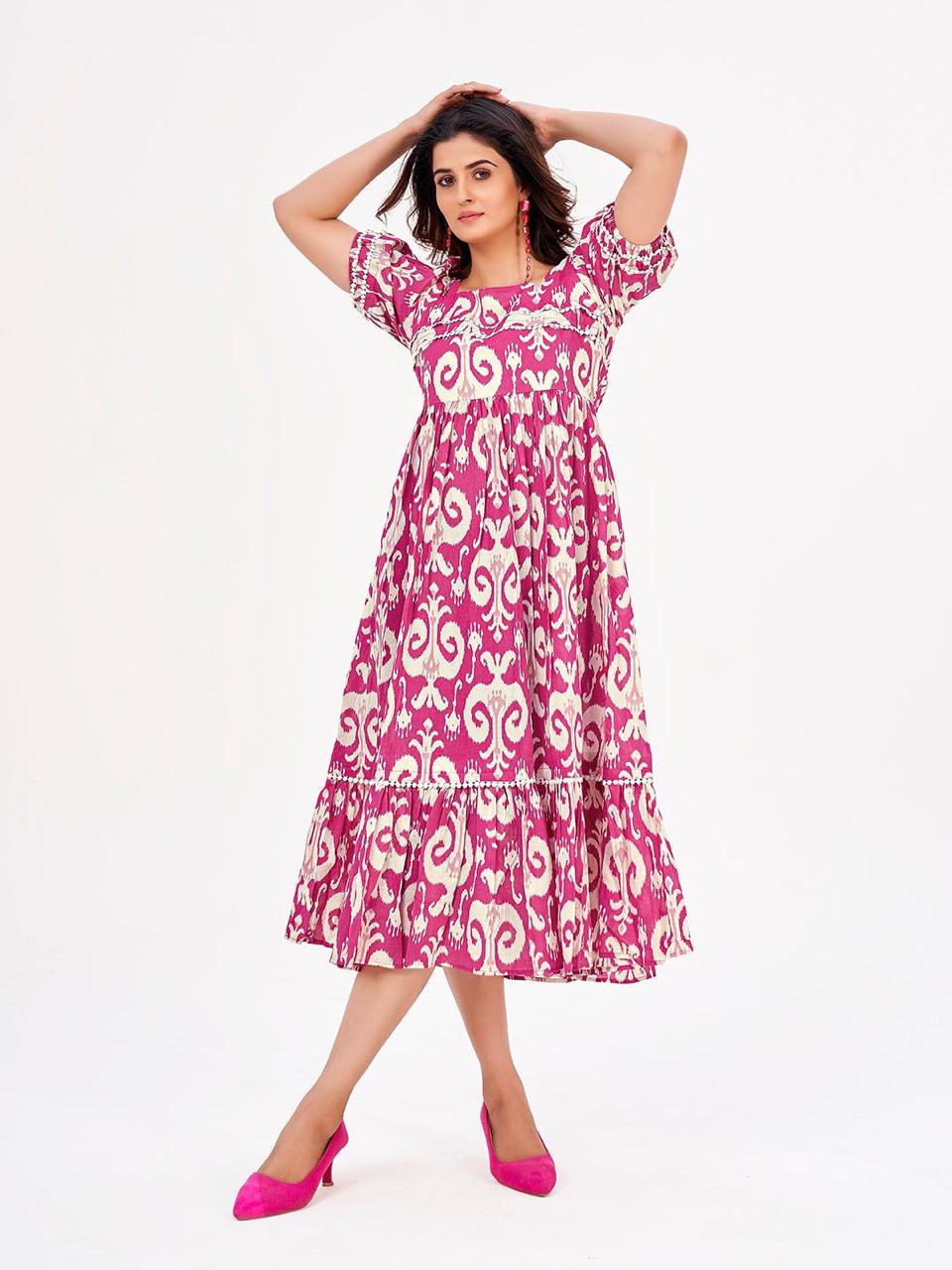 Women Pink Cotton Middy Gown