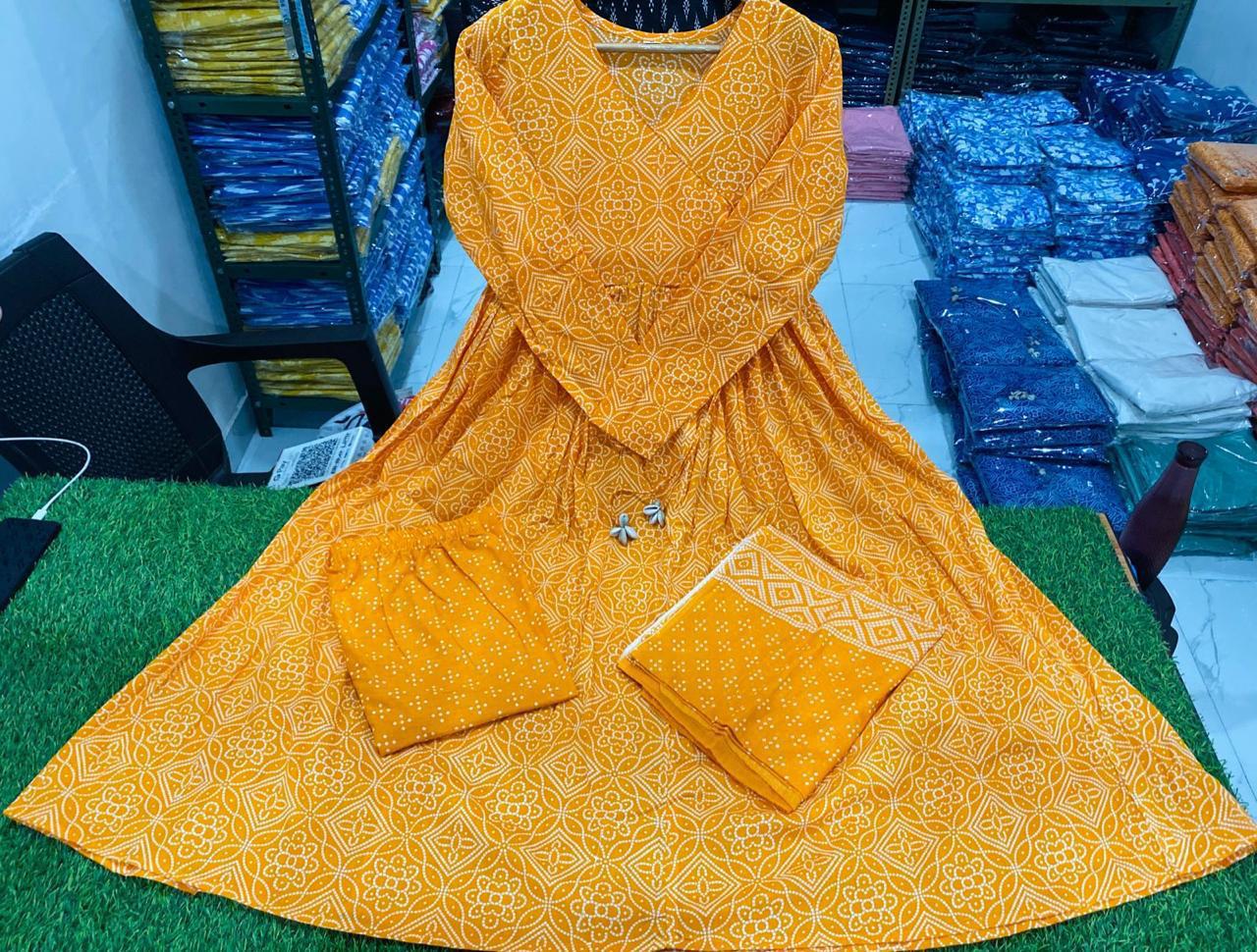 Women Mustard Bandhej Anarkali Dupatta set