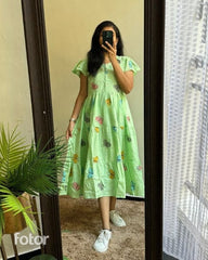 Women Cotton Green Embroidery Middy Gown