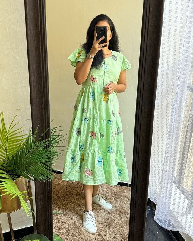 Women Cotton Green Embroidery Middy Gown