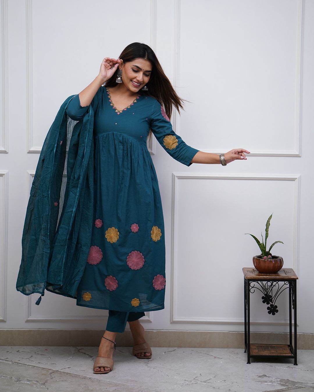 Women Cotton Embroidery Rama Green Kurta Pant and Dupatta set