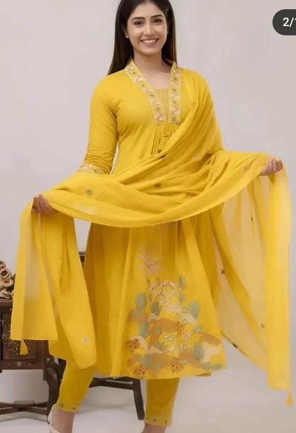 Women Yellow NRI Embroidery Cotton Kurta Pant and Dupatta set