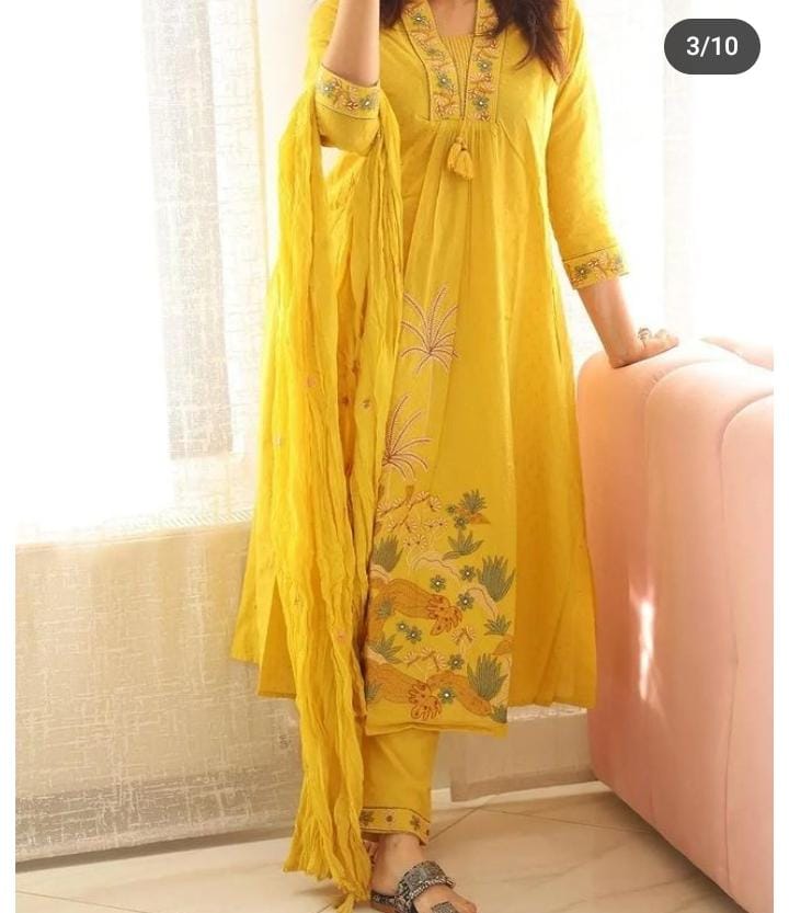 Women Yellow NRI Embroidery Cotton Kurta Pant and Dupatta set