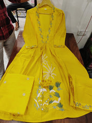 Women Yellow NRI Embroidery Cotton Kurta Pant and Dupatta set