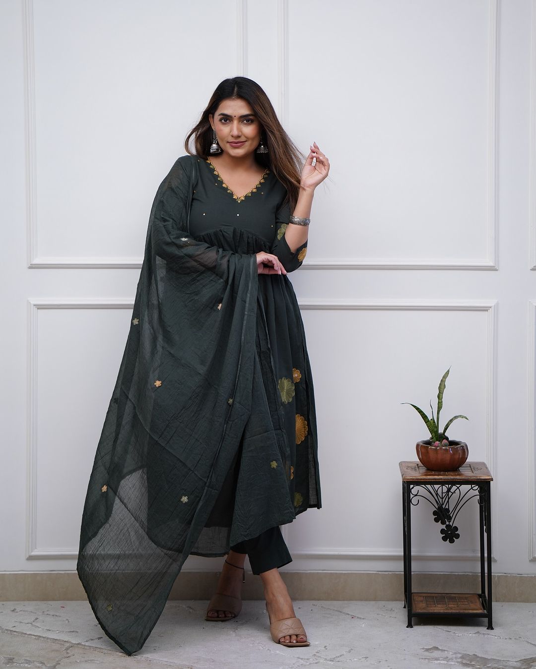 Women Cotton Embroidery Dark Green Kurta Pant and Dupatta set