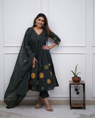 Women Cotton Embroidery Dark Green Kurta Pant and Dupatta set