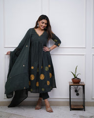 Women Cotton Embroidery Dark Green Kurta Pant and Dupatta set