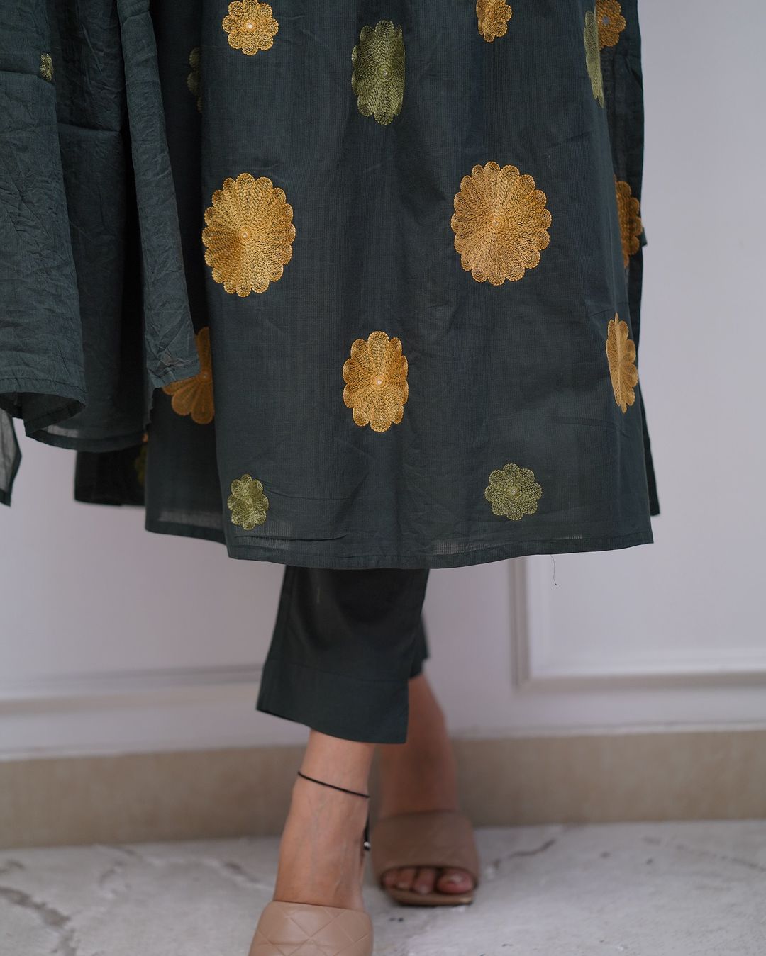 Women Cotton Embroidery Dark Green Kurta Pant and Dupatta set