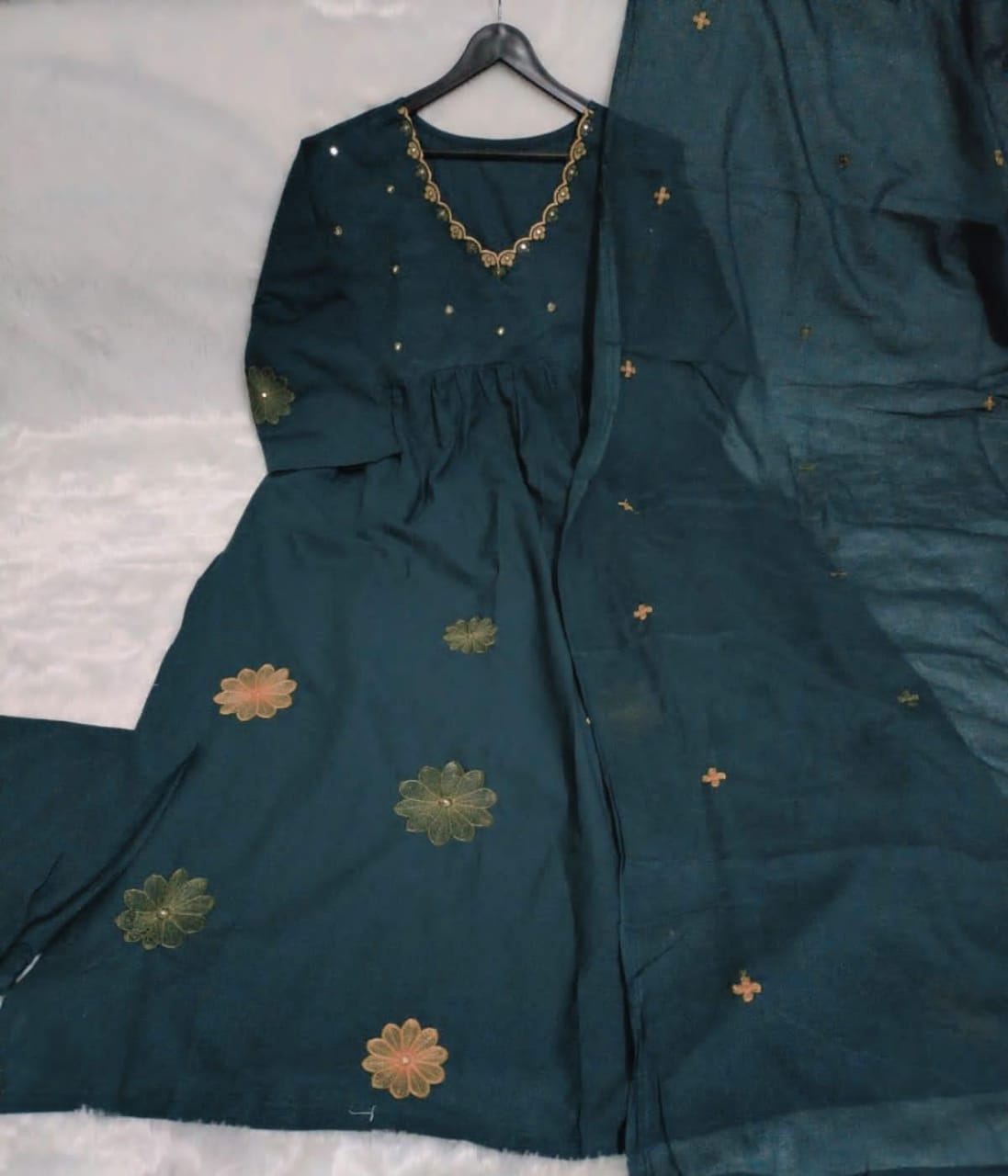 Women Cotton Embroidery Dark Green Kurta Pant and Dupatta set