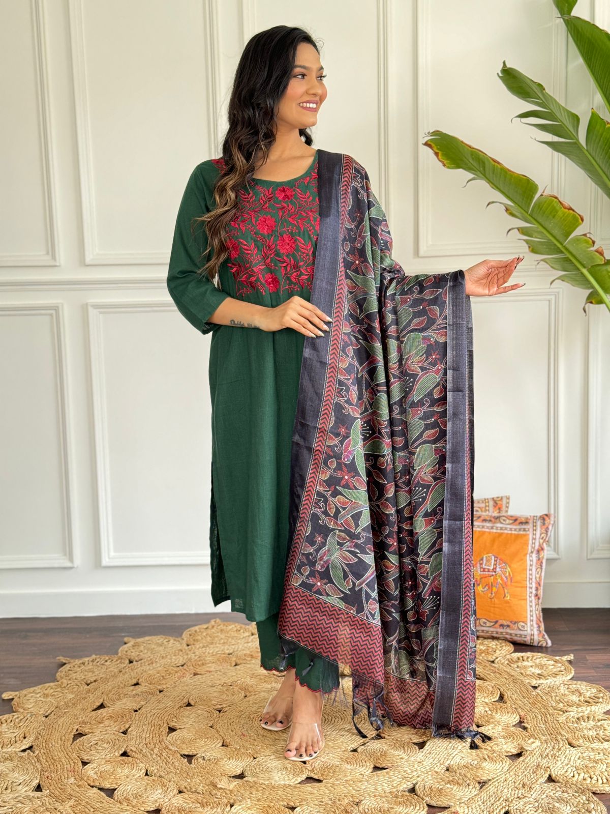 Women Embroidery Cotton Green Kurta Pant and Dupatta set