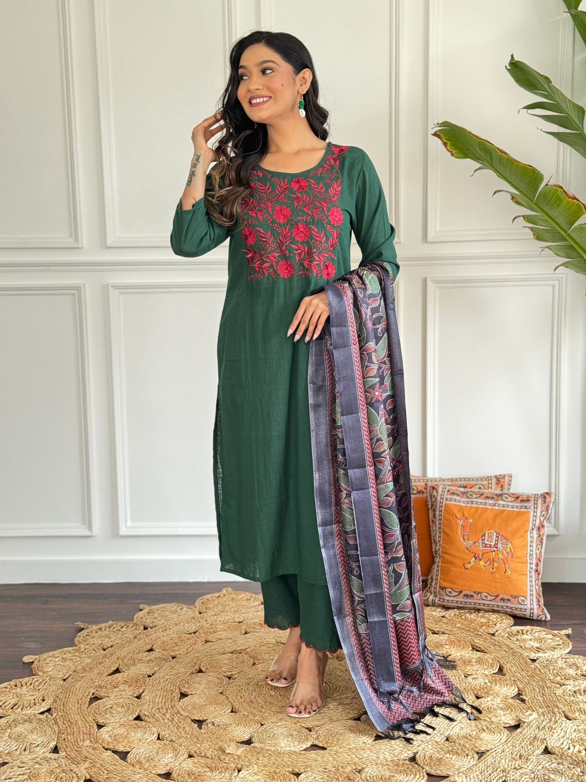 Women Embroidery Cotton Green Kurta Pant a nd Dupatta set