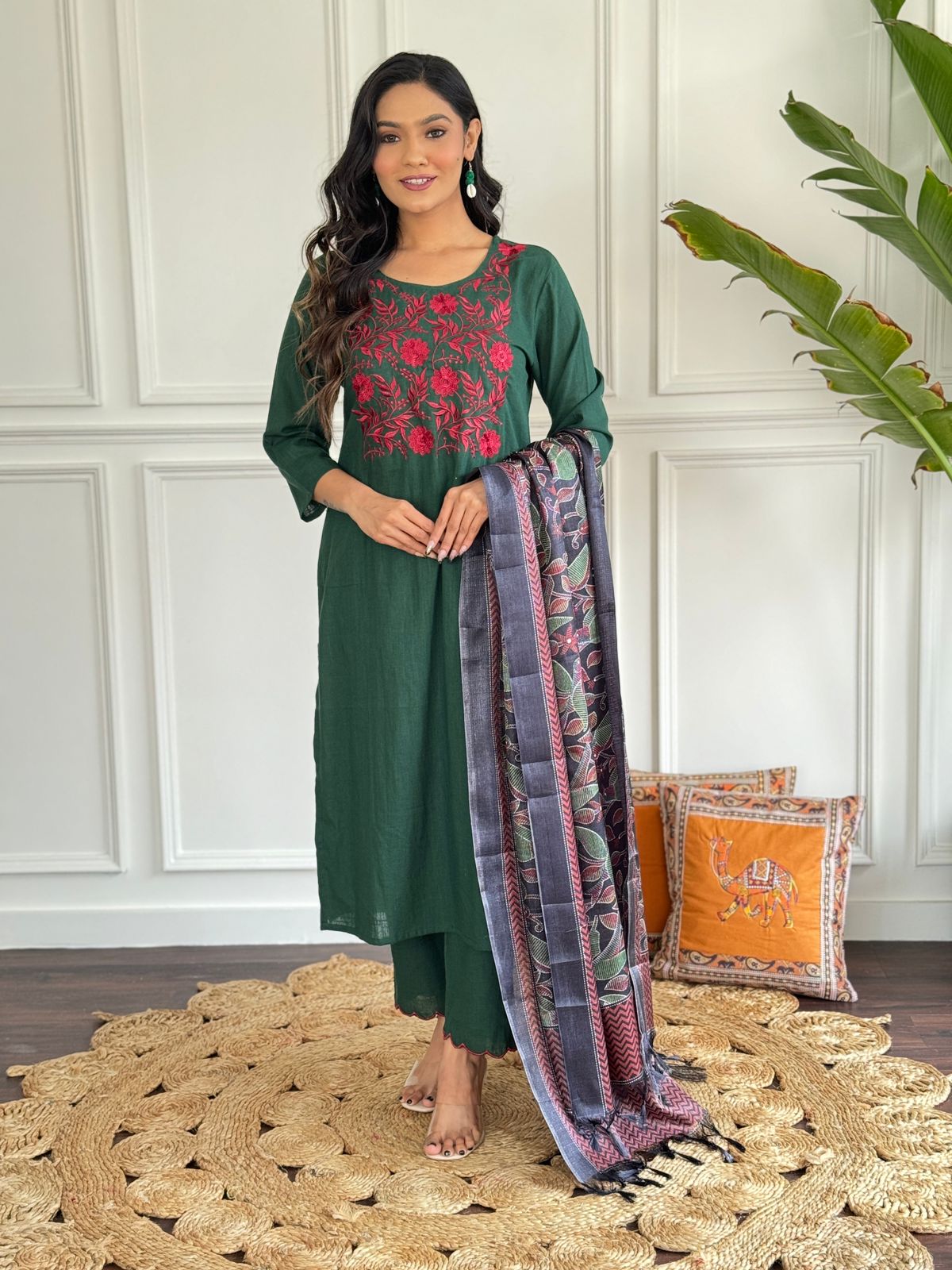 Women Embroidery Cotton Green Kurta Pant a nd Dupatta set