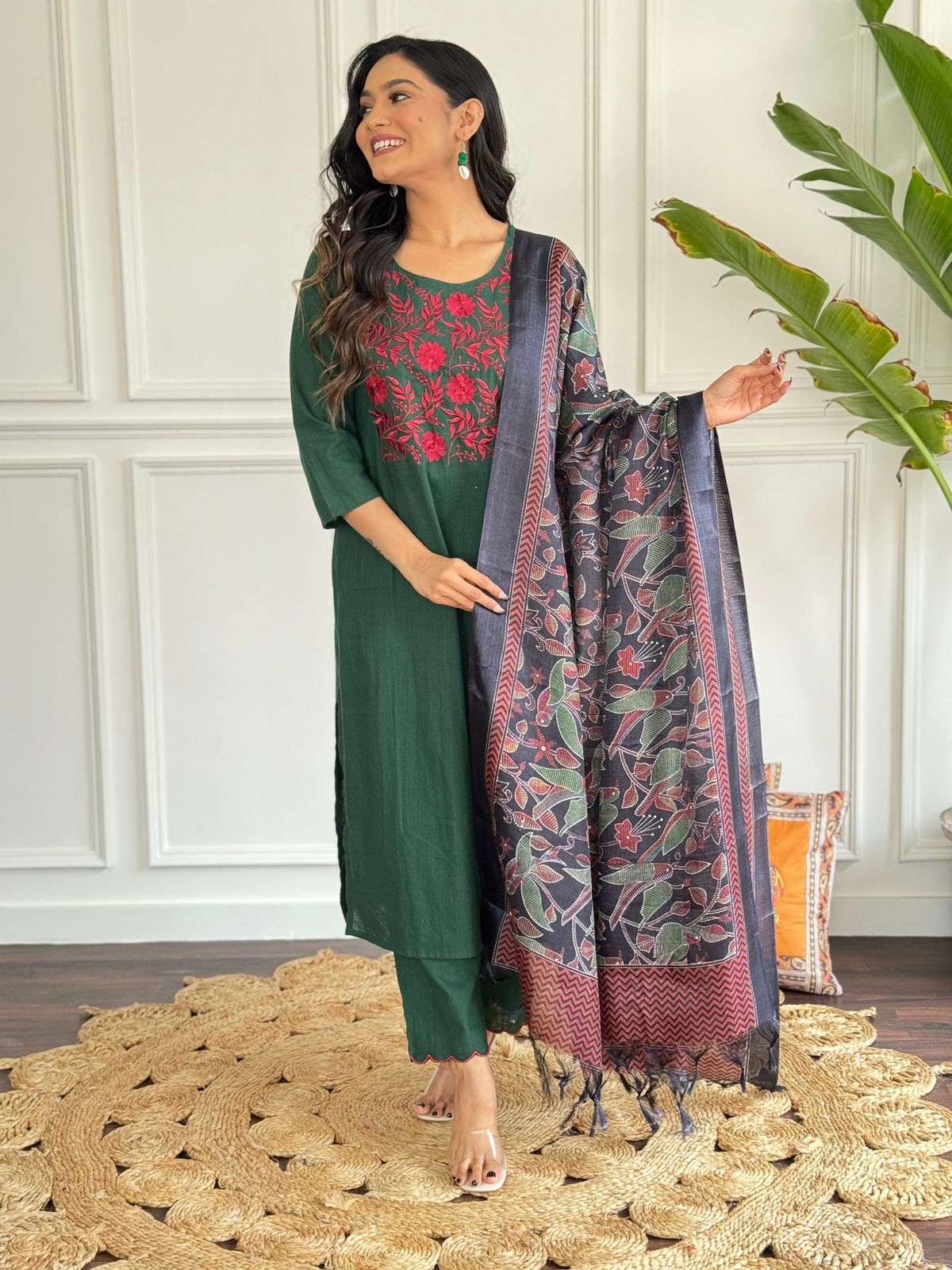 Women Embroidery Cotton Green Kurta Pant a nd Dupatta set