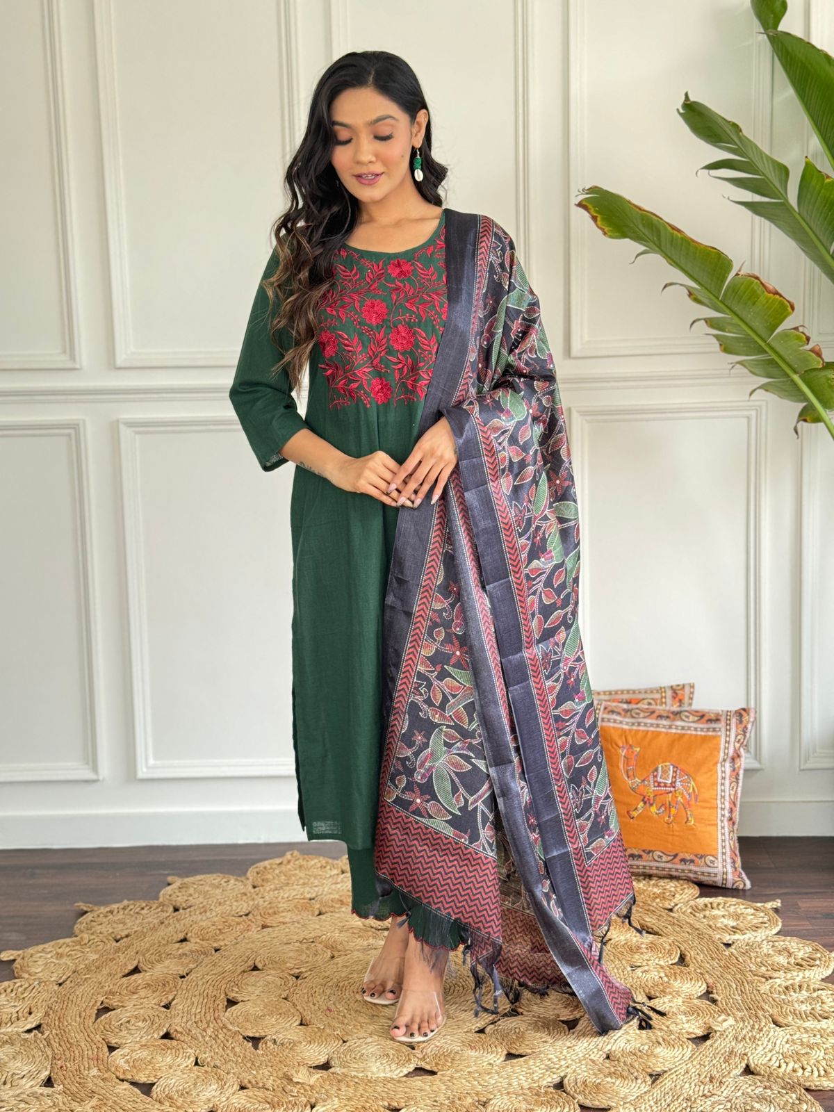 Women Embroidery Cotton Green Kurta Pant and Dupatta set