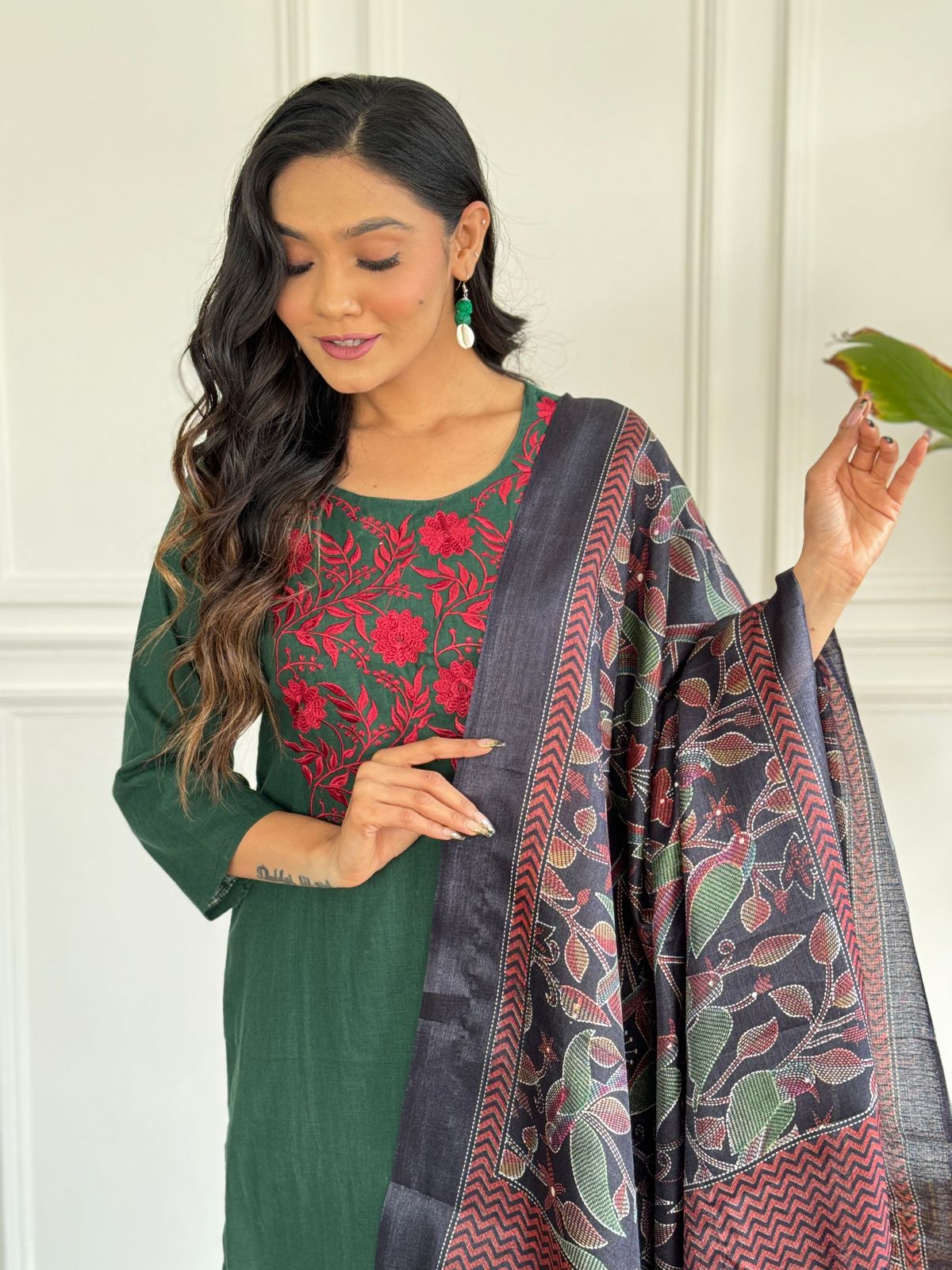 Women Embroidery Cotton Green Kurta Pant and Dupatta set