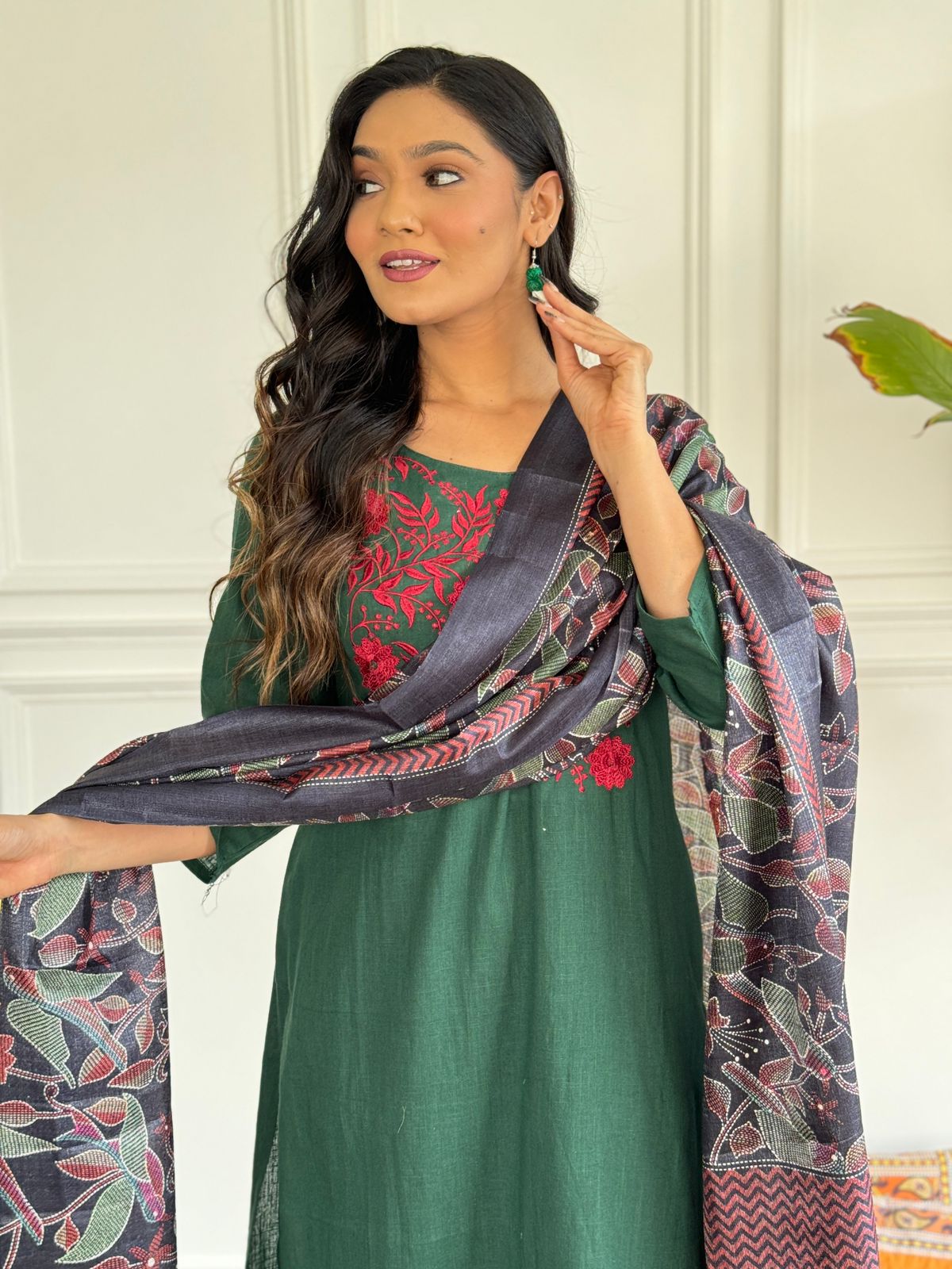 Women Embroidery Cotton Green Kurta Pant and Dupatta set