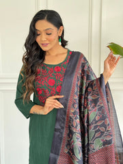 Women Embroidery Cotton Green Kurta Pant a nd Dupatta set