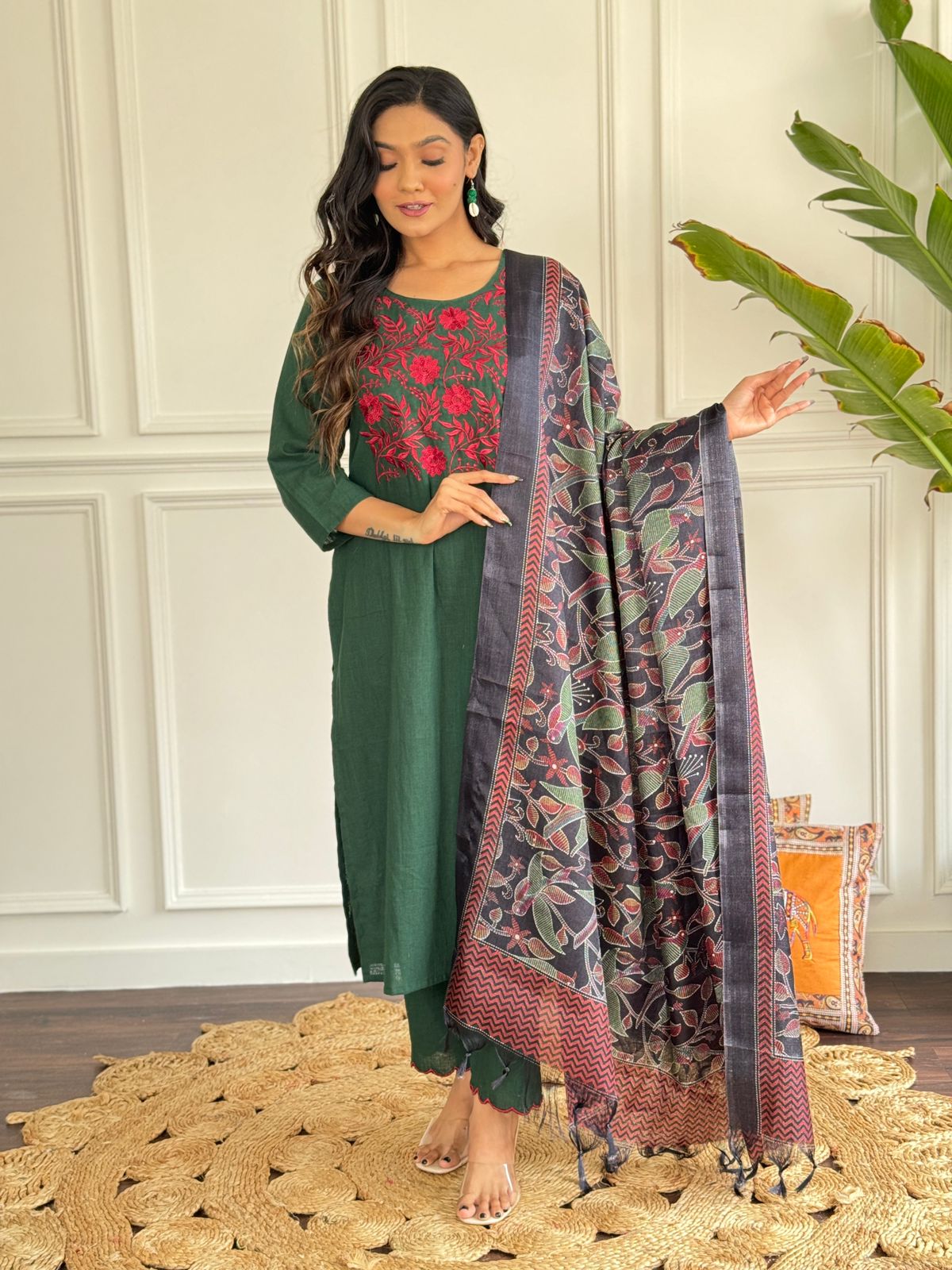 Women Embroidery Cotton Green Kurta Pant a nd Dupatta set