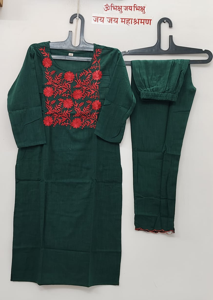 Women Embroidery Cotton Green Kurta Pant a nd Dupatta set