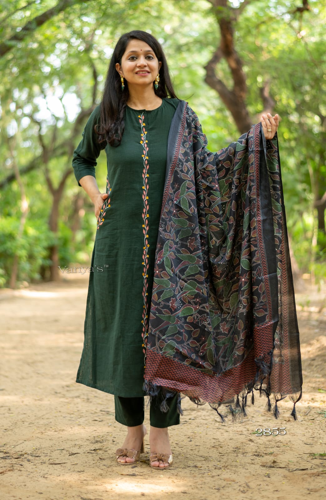 Women Front Embroidery Green Cotton Kurta Pant and Dupatta set