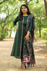 Women Front Embroidery Green Cotton Kurta Pant and Dupatta set