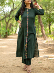 Women Front Embroidery Green Cotton Kurta Pant and Dupatta set