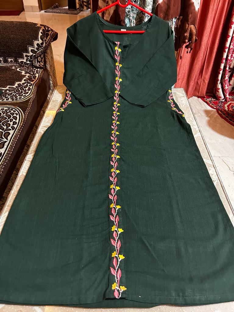 Women Front Embroidery Green Cotton Kurta Pant and Dupatta set