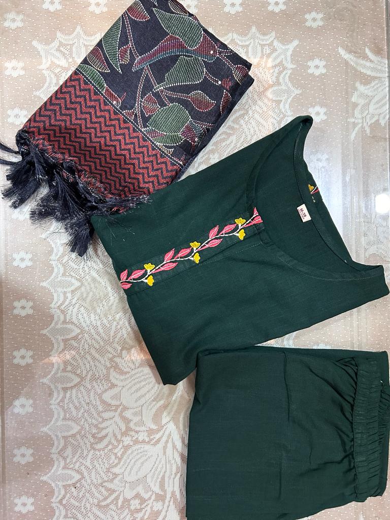 Women Front Embroidery Green Cotton Kurta Pant and Dupatta set