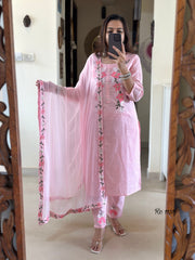 Women Pink Embroidery Yoke Cotton Kurta Pant and Dupatta set