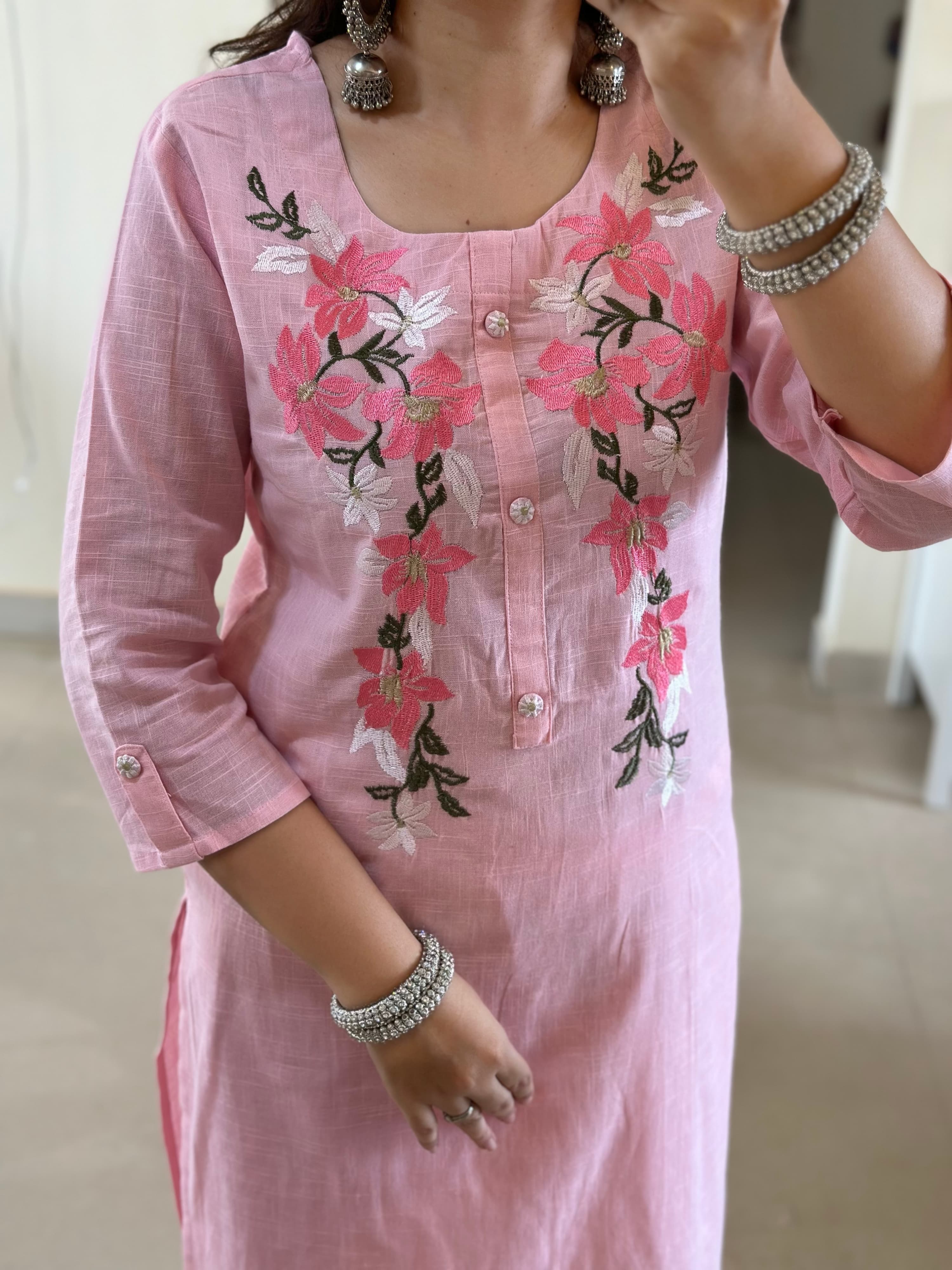 Women Pink Embroidery Yoke Cotton Kurta Pant and Dupatta set