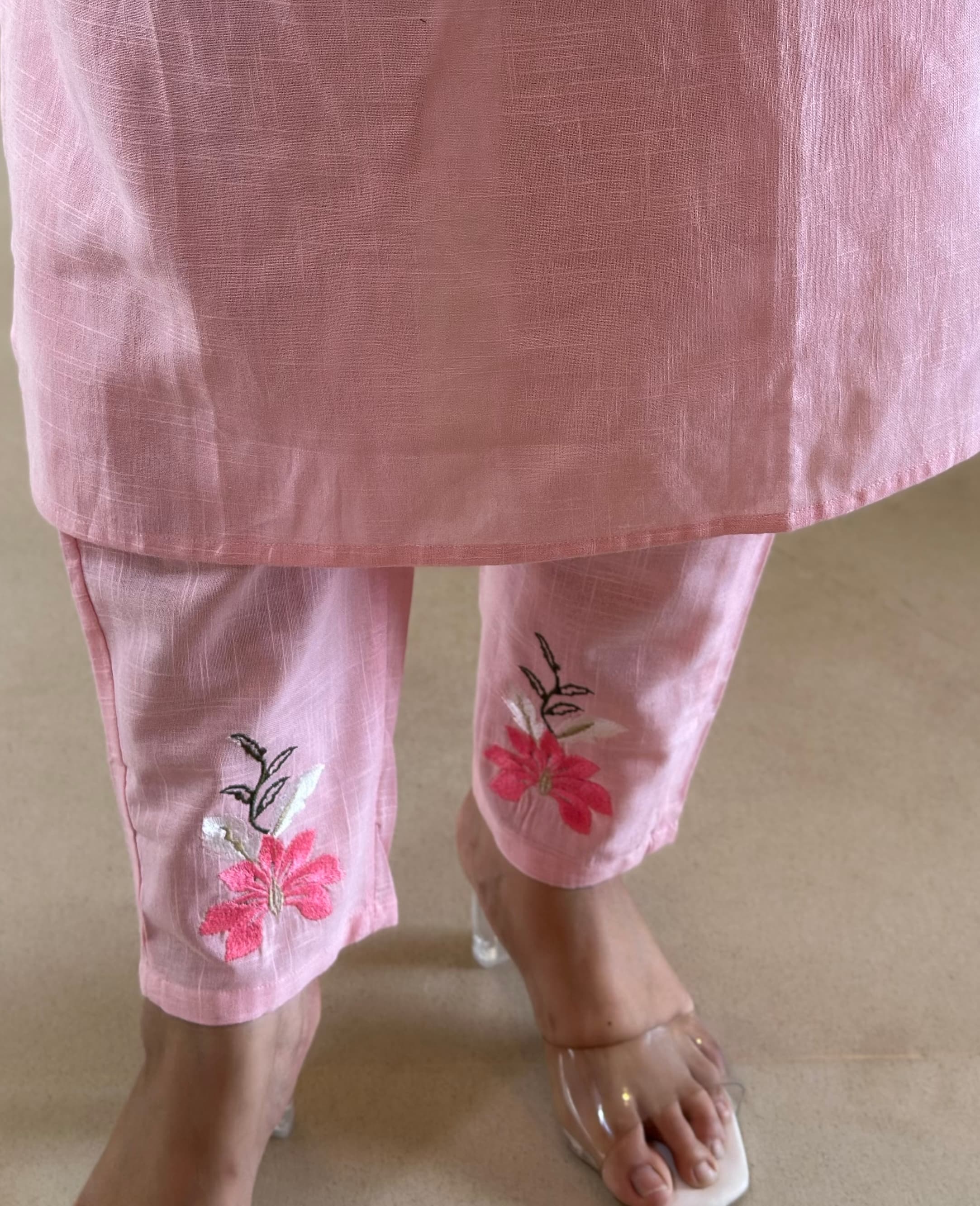 Women Pink Embroidery Yoke Cotton Kurta Pant and Dupatta set