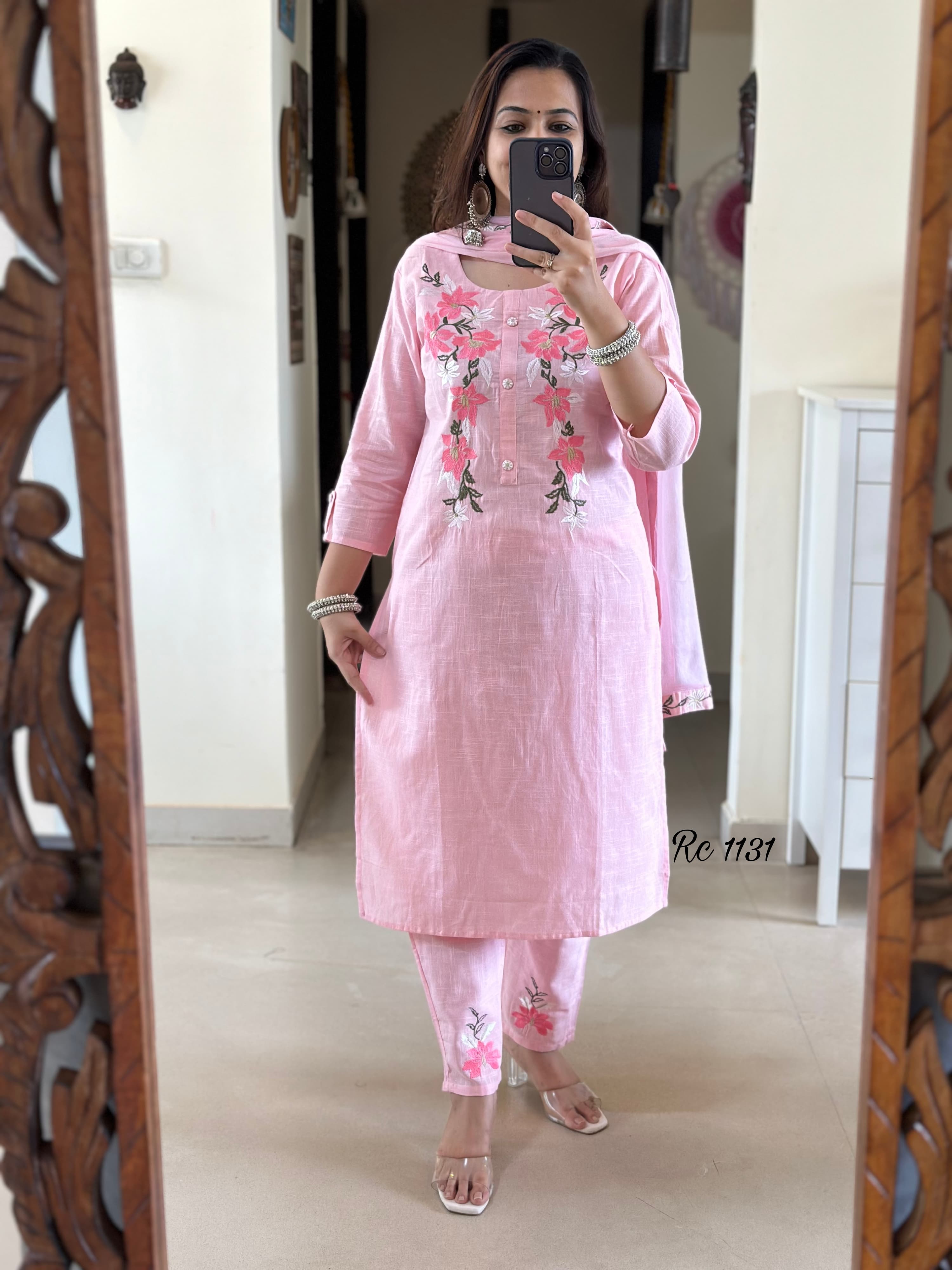 Women Pink Embroidery Yoke Cotton Kurta Pant and Dupatta set