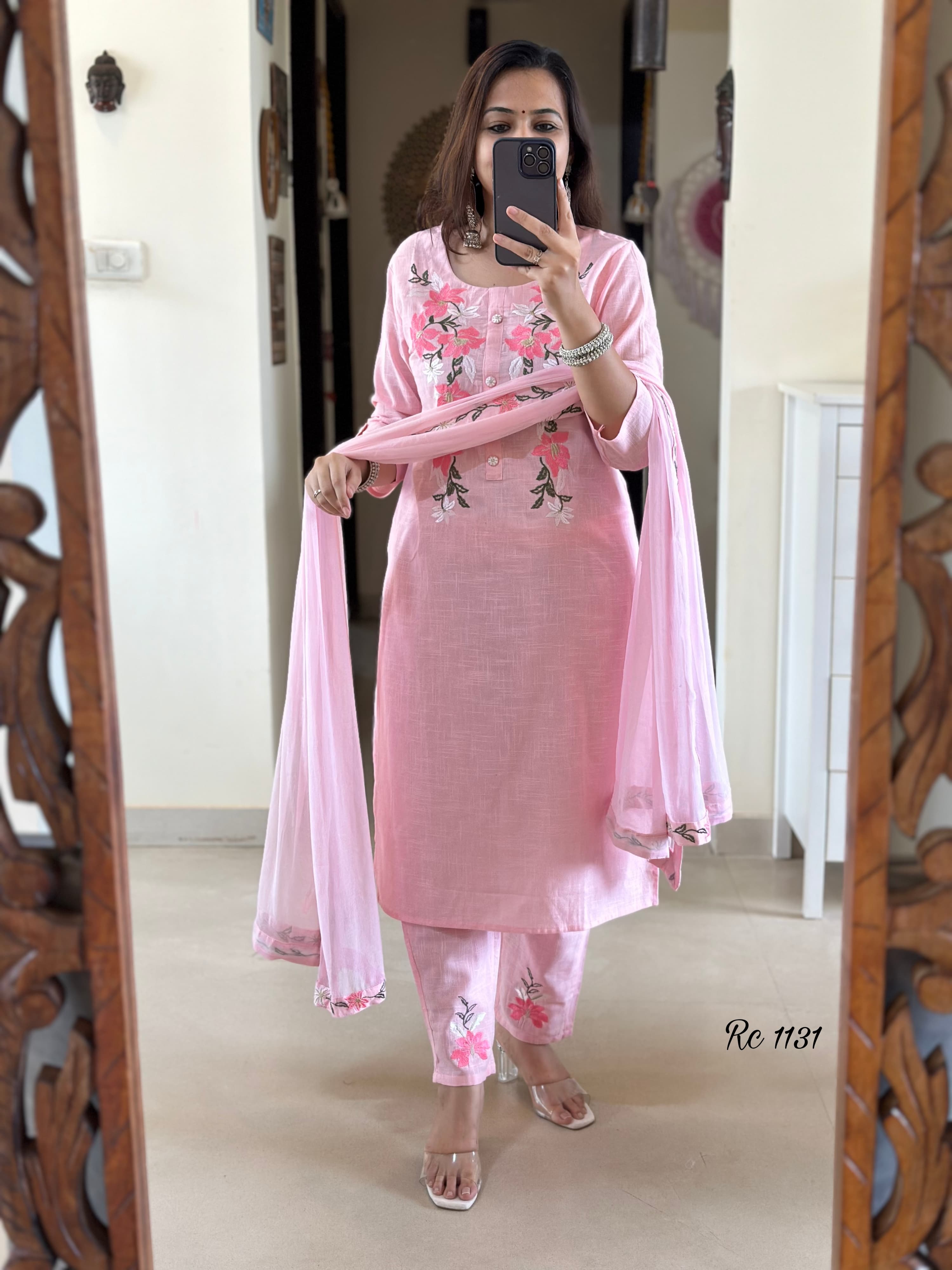 Women Pink Embroidery Yoke Cotton Kurta Pant and Dupatta set