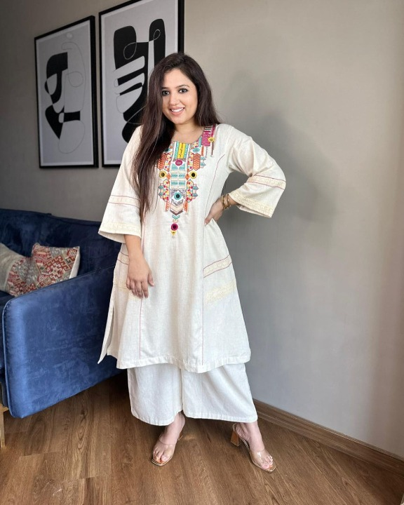 Women Cotton Embroidery Off-White Co-Ord set