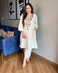 Women Cotton Embroidery Off-White Co-Ord set