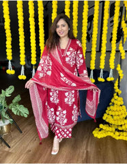 Women Cotton Red Floral Kurta Pant and Dupatta set