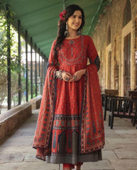 Women Anarkali Full Flair Cotton Red Dupatta set