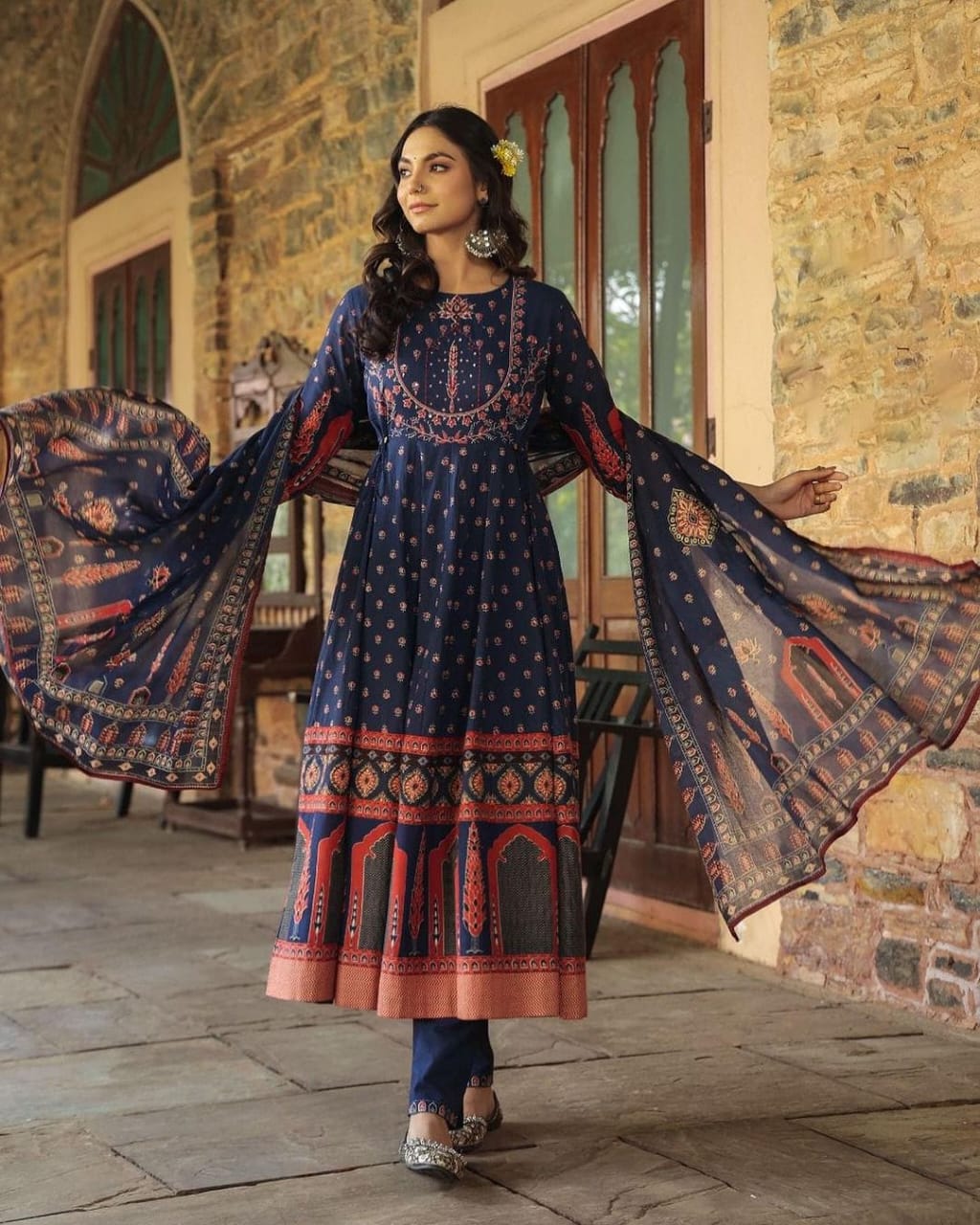 Women Anarkali Full Flair Cotton Blue Dupatta set