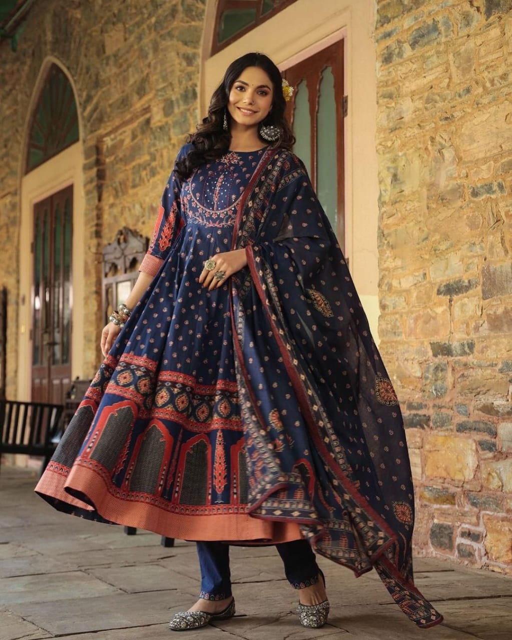 Women Anarkali Full Flair Cotton Blue Dupatta set