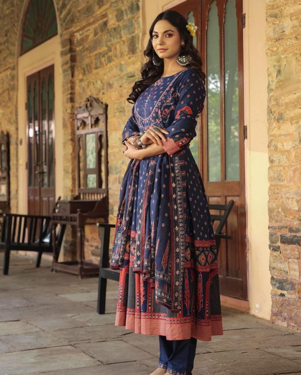 Women Anarkali Full Flair Cotton Blue Dupatta set