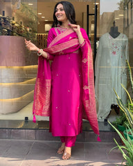 Women Chanderi Silk Pink Kurta Pant and Dupatta set