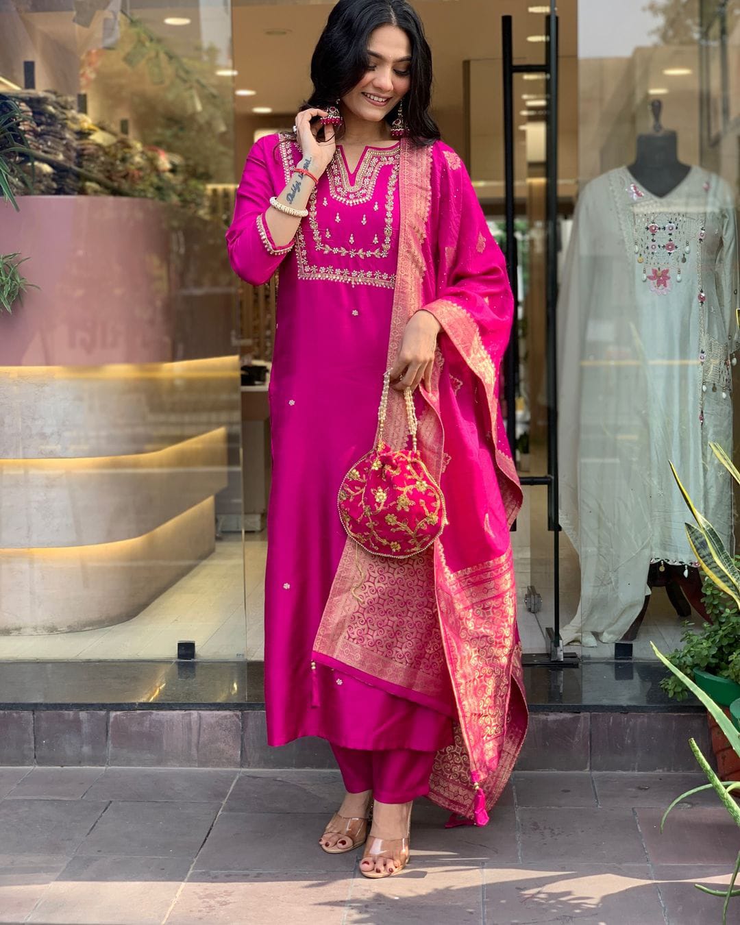 Women Chanderi Silk Pink Kurta Pant and Dupatta set