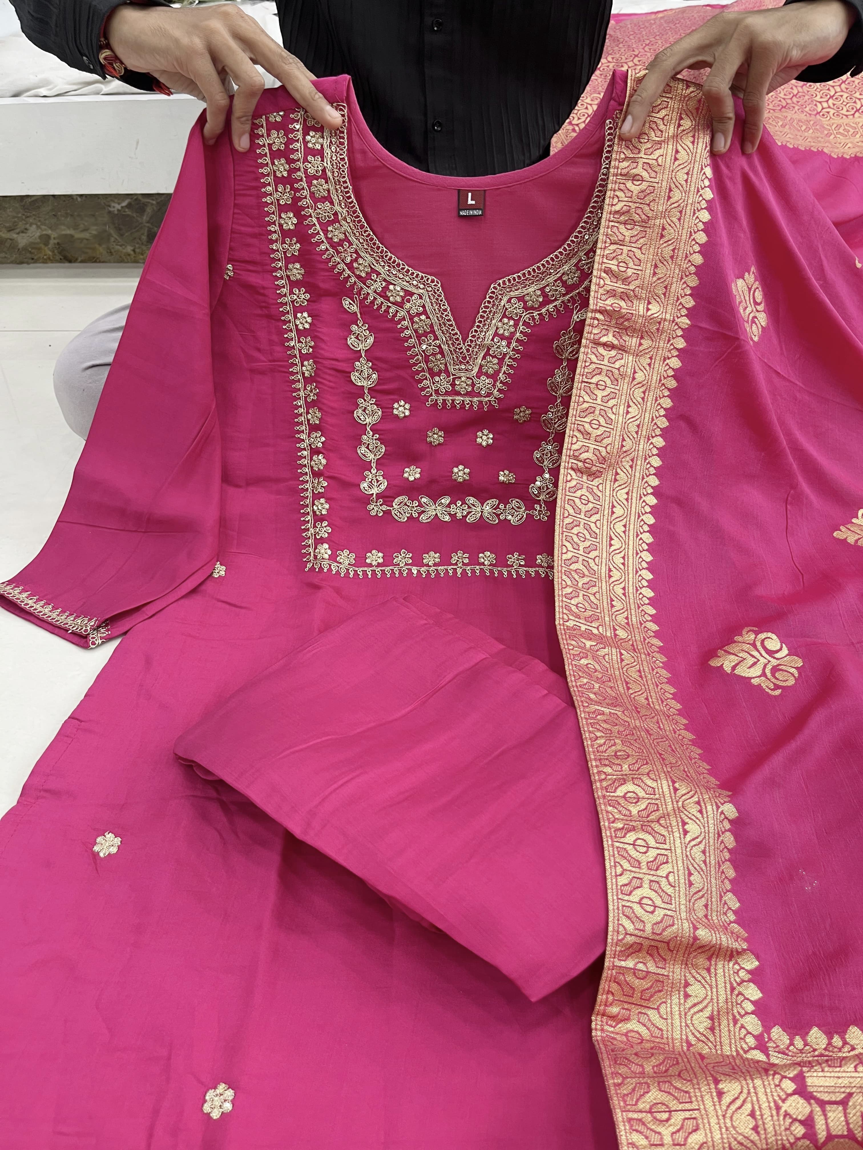 Women Chanderi Silk Pink Kurta Pant and Dupatta set