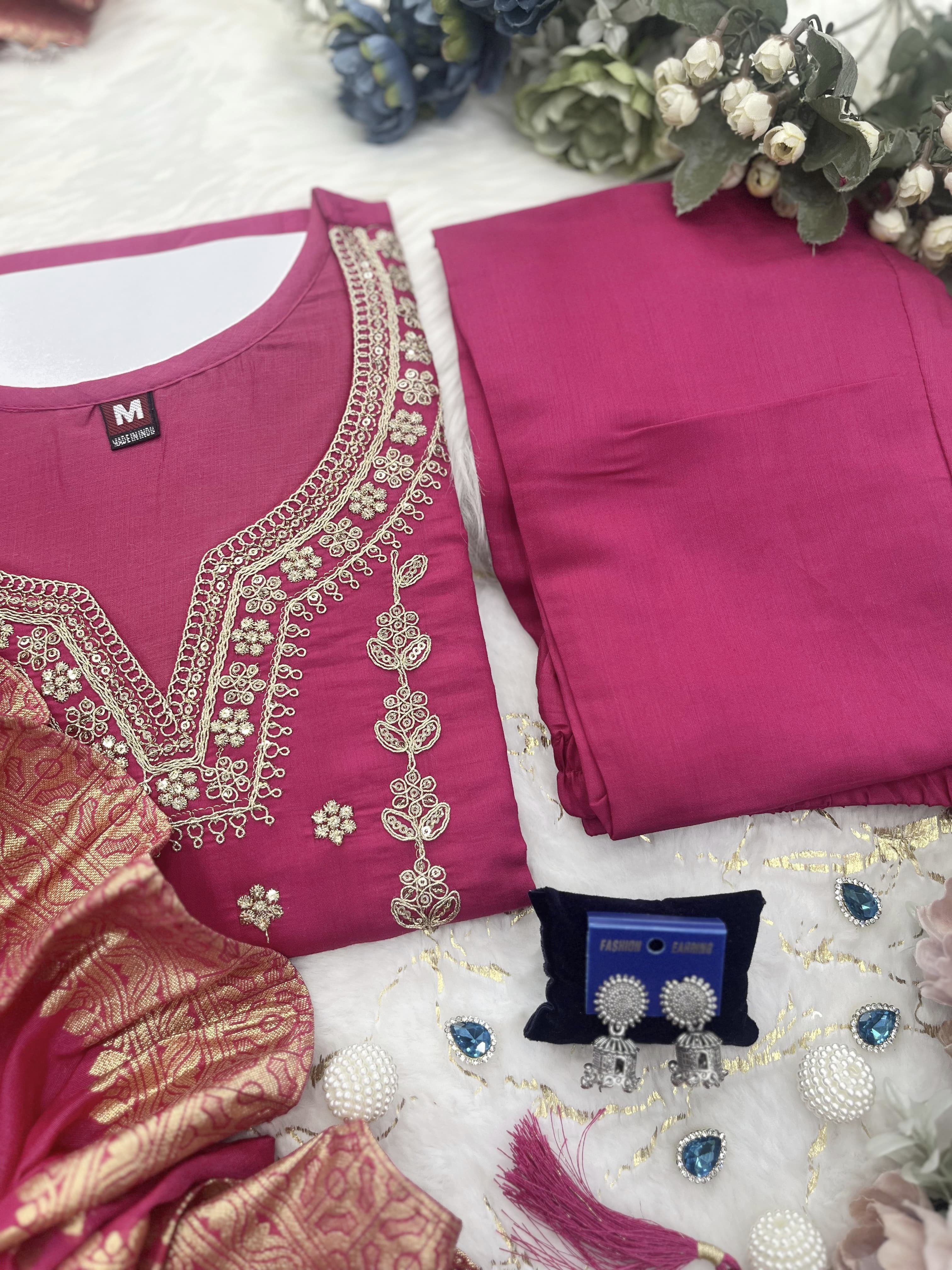 Women Chanderi Silk Pink Kurta Pant and Dupatta set