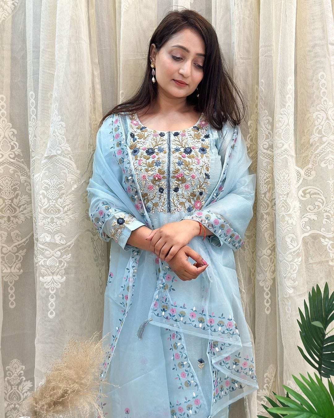 Women Chanderi Silk Sky Blue Kurta Pant and Dupatta set