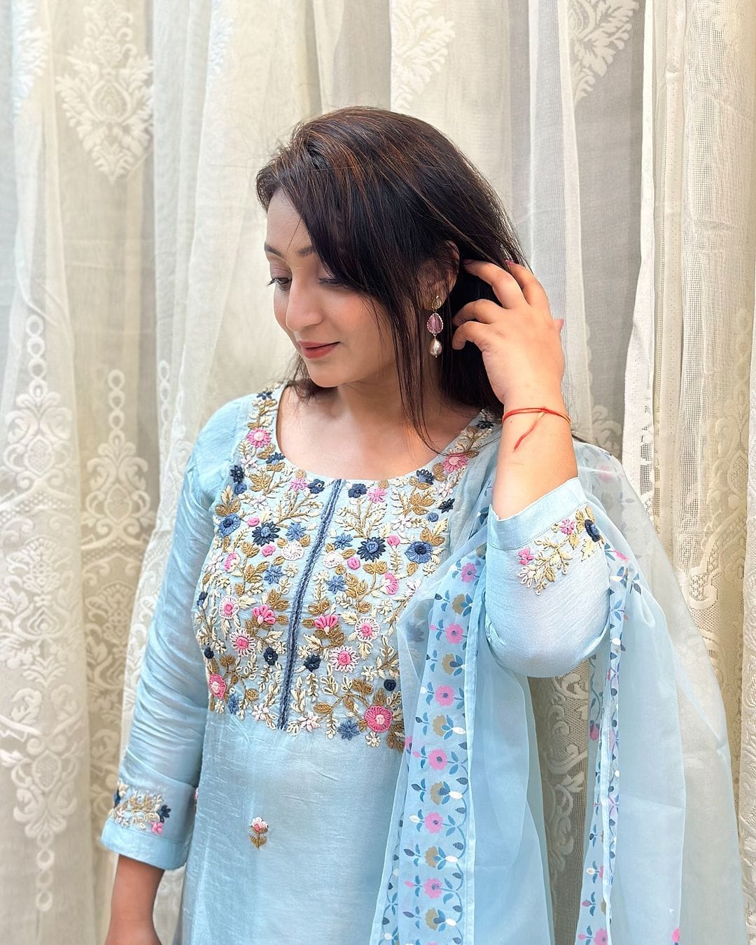 Women Chanderi Silk Sky Blue Kurta Pant and Dupatta set