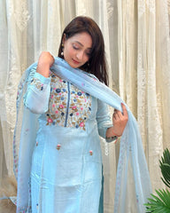Women Chanderi Silk Sky Blue Kurta Pant and Dupatta set